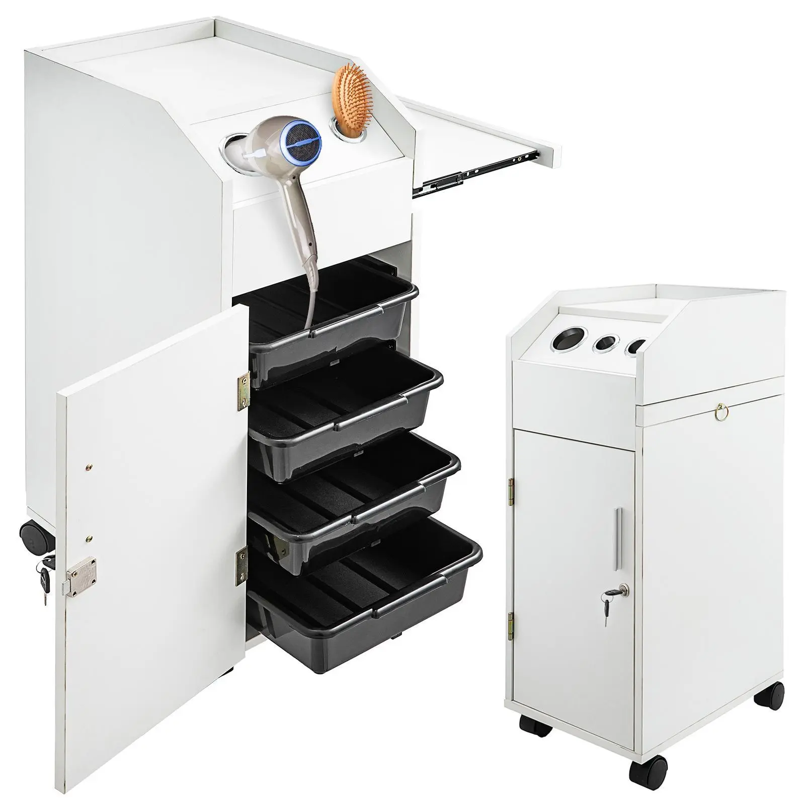 VEVOR Rolling Manicure Table - Classic Commercial Salon Spa MDF Cart with Locking Wheels, Swivel Castors, 2 Keys, 4 Sliding Drawers, Hairdryer Holder, Side Tray, Storage Racks, Slide Function, Screws Included, Assembly Required, Space-Saving