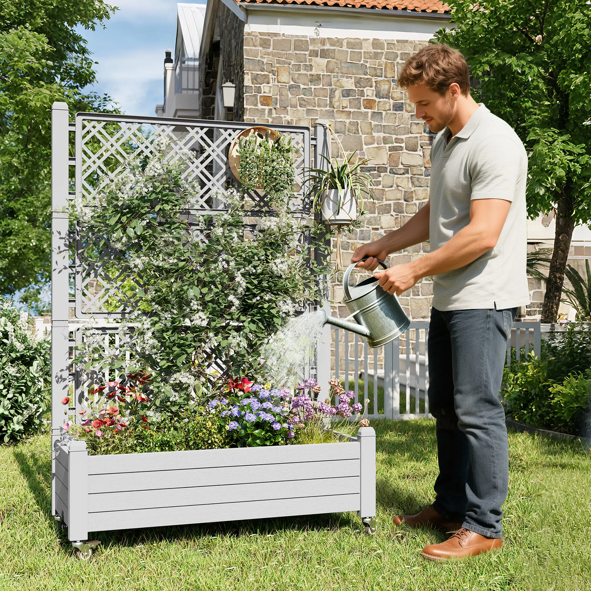 【Summergarden】Mobile Raised Garden Bed with Trellis - 3-Tier Diamond Lattice for Climbing Plants, Built-in Drainage Holes, Heavy Duty Planter Box with Wheels