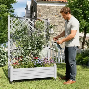 Summervibes Mobile Raised Garden Bed with Trellis - 3-Tier Diamond Lattice for Climbing Plants, Built-in Drainage Holes, Heavy Duty Planter Box with Wheels