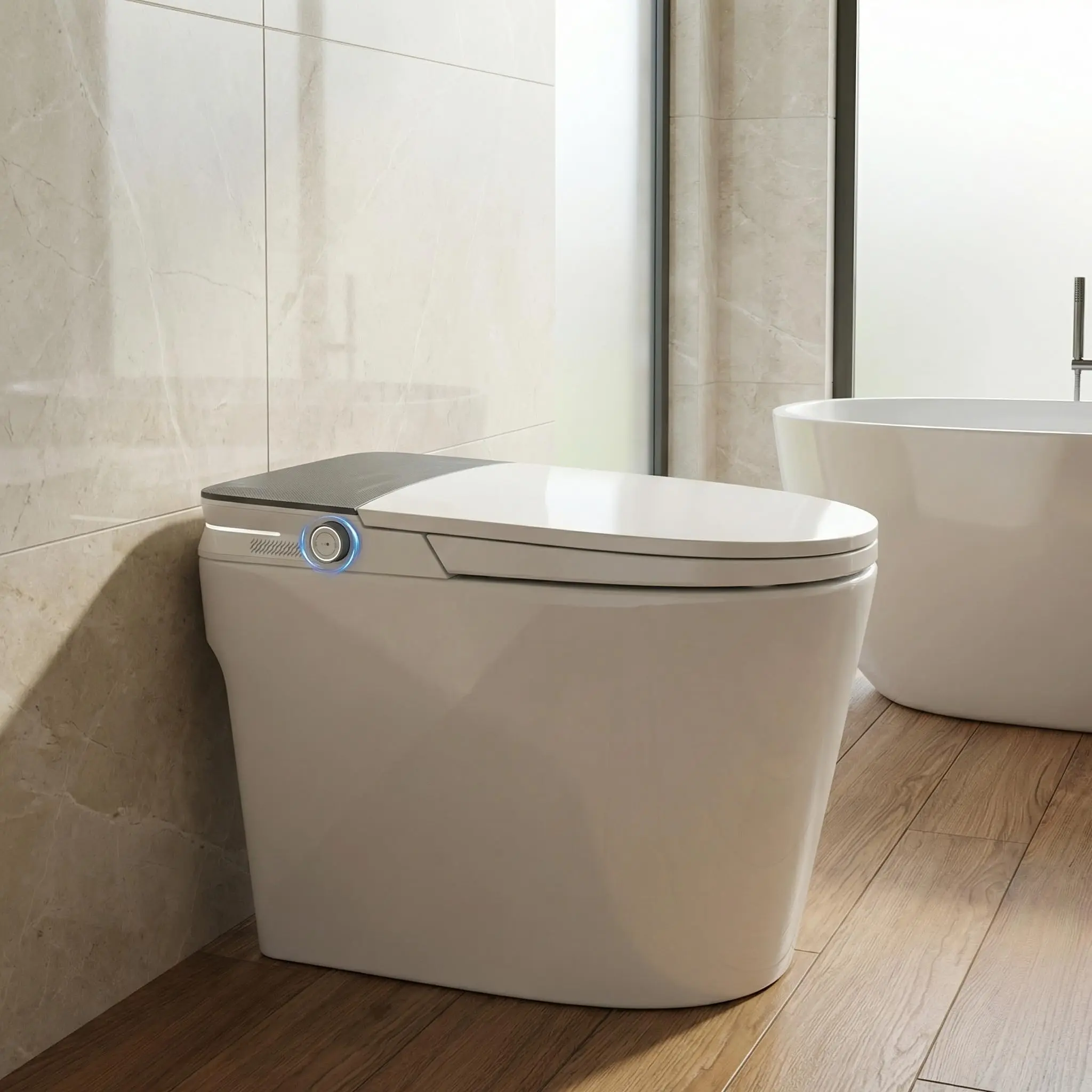 ADA Height Smart Commercial Toilet with Integrated Bidet – Auto Open/Close Lid, Foot Detector Flush, Immediate Warm Water, Heated Elongated Seat, Air Dry, LED Night Light, Remote Control – One-Piece Design