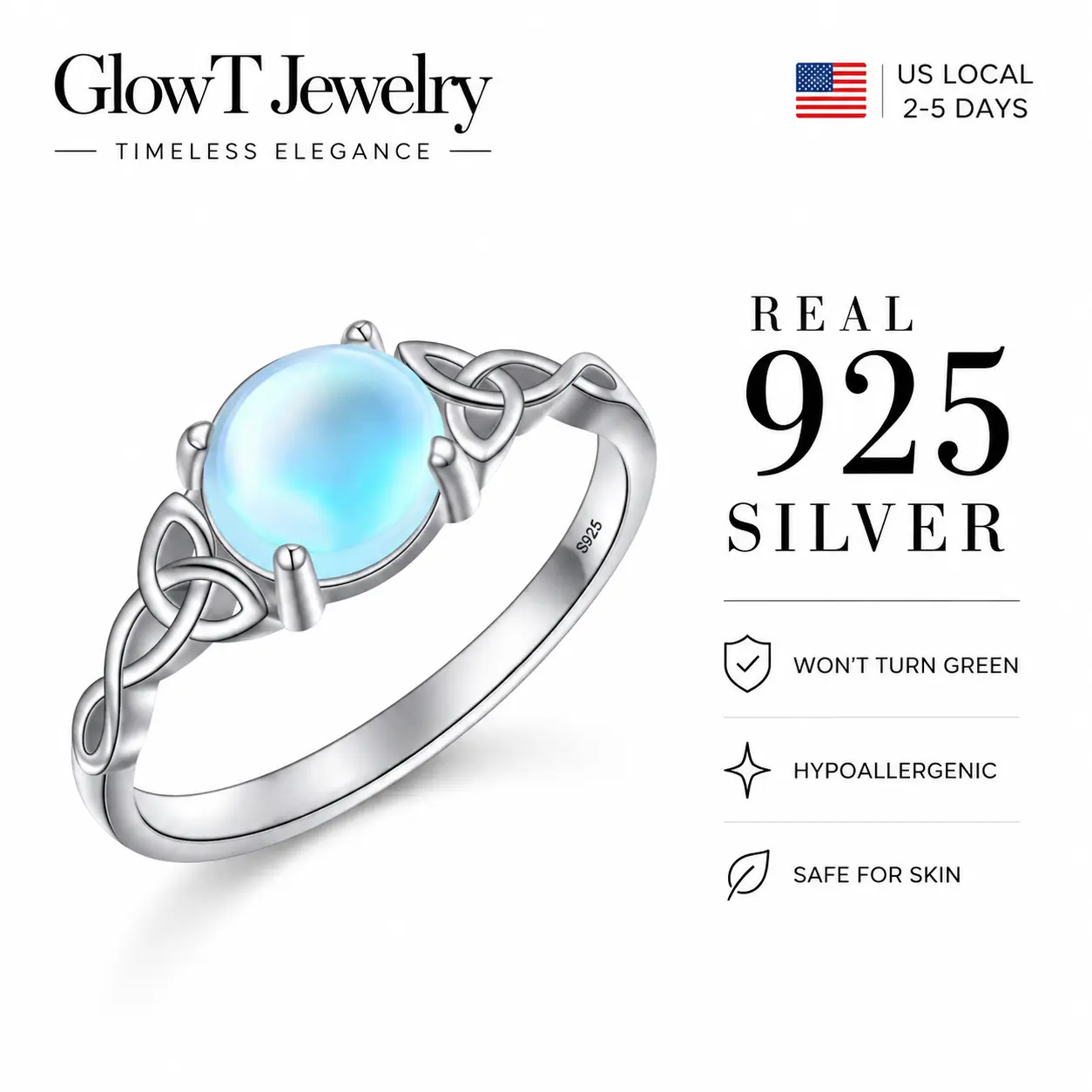 925 Sterling Silver Moonstone Witchy Ring, Celtic Trinity Knot Protection Amulet, Natural Blue Flash Moonstone, Hypoallergenic 925 Silver, Dark Academia Gothic Aesthetic, Pagan Wiccan Daily Ritual Ring, Unique Statement Jewelry Gift for Witchy Women