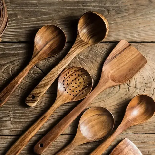 5PCS Teak Wood Kitchen Utensil Set, Natural Wooden Cooking Spoons for Non-Stick Cookware, Sturdy Lightweight Heat Resistant Easy Clean Tools, gift