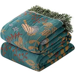 Boho Throw Blanket for Couch 100% Cotton Organic Ultra Soft Breathable Rustic Quilt 50" x 60" Birds and Floral Throw for Sofa Chair Bed Couch Chair