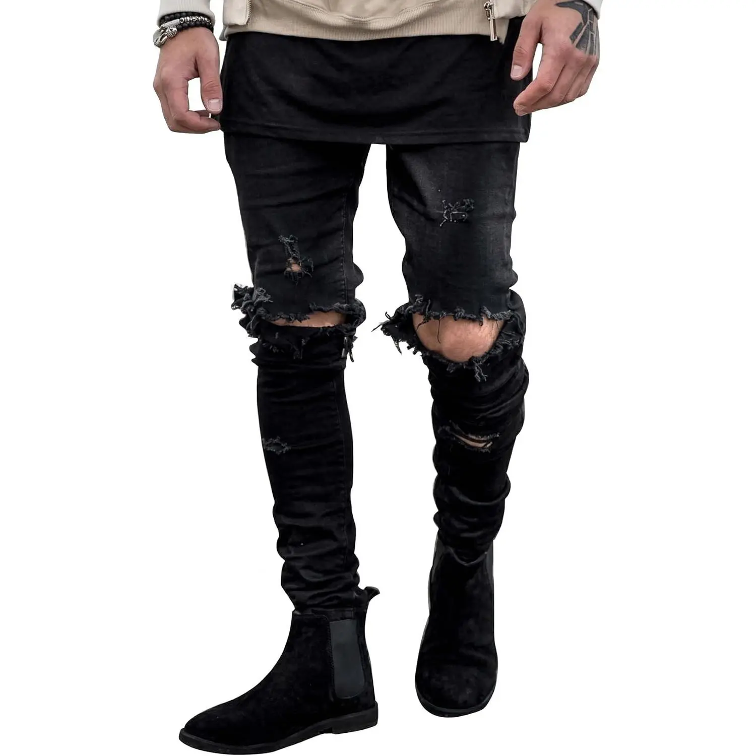 HUNGSON Men's Ripped Slim Denim Jeans - Soft Polyester-Cotton Fabric, Stretchy Skinny Fit, Breathable Distressed, Streetwear Plain Menswear Bottoms, Motocross Trousers (Denim Men's Ripped Jeans), Denim Men's Jeans