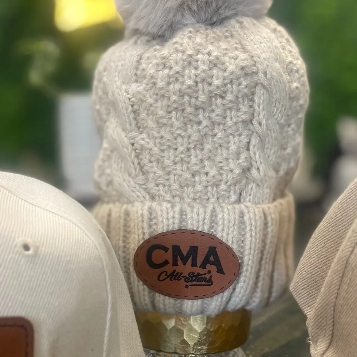Custom cold weather beanie with leatherette patch, lined, Pom, slouchy, brand, logo, text