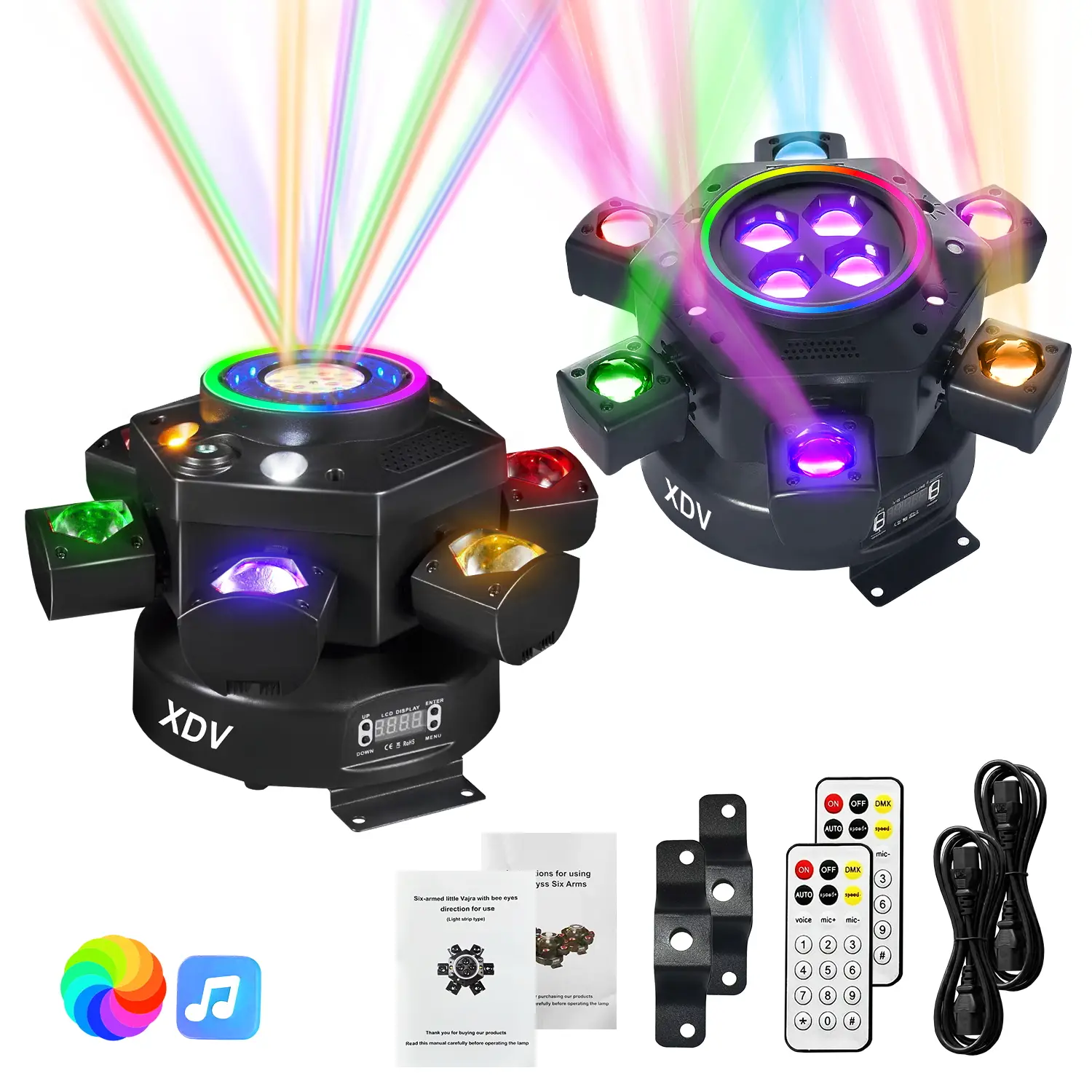 XDV 150W 6-Arm Moving Head DJ Stage Light - Super Bright, RGB Light Effect, Rainbow LED Backlight, Multi Mode LED, DMX-512, Sound Active, Adjustable Intensity, Festive Decor for Parties, Weddings