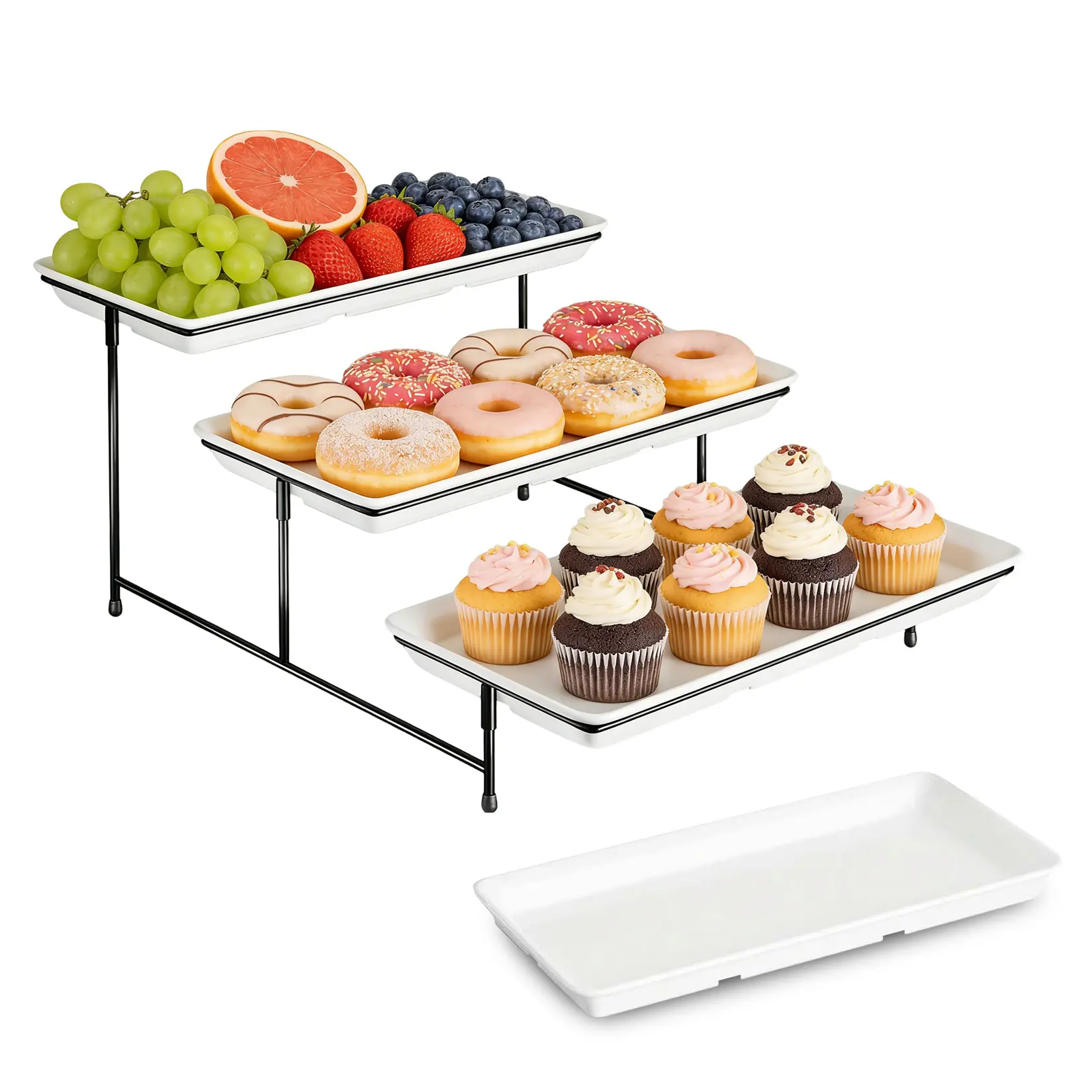 4-Tier Melamine Cake Stand, 22 x 14 x 9 Inch Rectangular Dessert Display Rack with Black Foldable Metal Stand, Detachable & Space-Saving, Food-Safe for Party Wedding Buffet