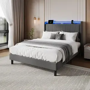 Garvee Full Bed Frame with LED Lights, Bed Frame with Storage, Grey Upholstered Headboard, Wooden Slats Support, USB Charging Port, Noise Free and No Box Spring Need suitable for Bedroom Guest Room
