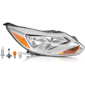 HECASA Headlight Assembly Right Compatible with 2012-2014 Ford Focus 4-Door Halogen Front Headlamp Light w/Bulbs Clear Lens + Chrome Housing Passenger Side Replacement for FO2503298
