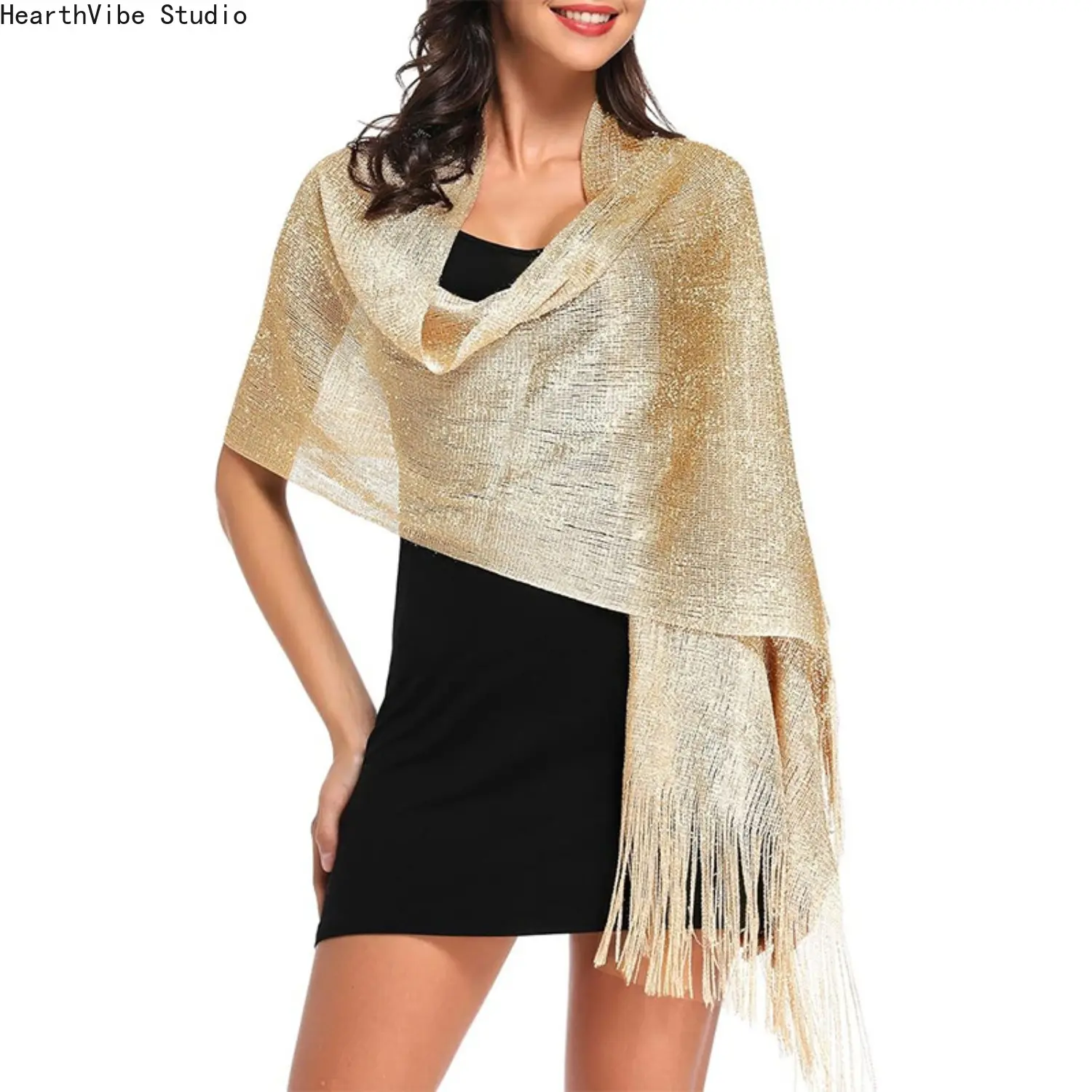 Solid-Color Metallic Thread Shawl - Loose Fit, Off Shoulder, Bridal Wrap, Sun Protection Scarf for Evening Gowns (Sports & Outdoor Accessory), Loose Fit Shawl, Off Shoulder Shawl