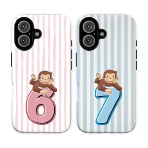 Cute Matching 67 Curious George Phone Case for iPhone 17 16 15 14 13 12 11 Pro Max X XR XS – Pink & Blue Stripe with Number 6 & 7 Design – Funny Meme Cartoon Monkey Six Seven Couple Phone Cases, Cute Gift for Him Her Boyfriend Girlfriend BFF Bestie