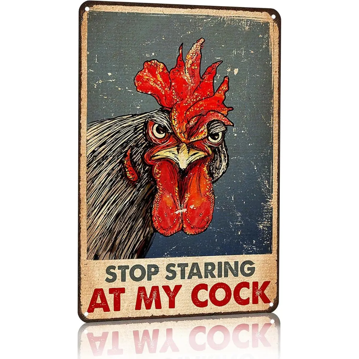 8x12 Inch Vintage Funny Rooster Metal Tin Sign, Stop Staring At My Rooster Humorous Farm Wall Plaque, Chicken Coop Kitchen Bar Decor, Adult Gag Gift For Chicken Lovers Farmers