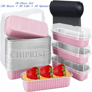 CHIPRISE 30-Piece Rectangular Aluminum Foil Baking Cup Set (with Lids), Includes 10 Spoons, 6.8 oz Mini Bread Pan, Ideal for Baking Cheesecake and Other Desserts. The Perfect Companion for Valentine's Day, Weddings, Christmas, and Birthdays. (Light Pink)