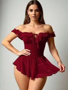 2-Piece Burgundy Off-Shoulder Sleeveless Ruffle Strap Chemise Nightgown & Panty Set | Waist Cinched Mini Dress | Sexy Loungewear for Date Night & Night Out | Romantic Valentine's Gift Lounge Dresses | Stylish Nightwear