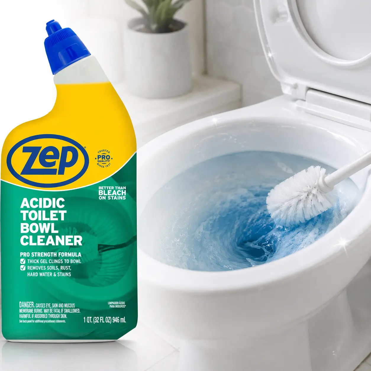 ZEP 32 oz. 946ml Acidic Toilet Bowl Cleaner, Safe Acid Toilet Cleaner, Septic Safe Gel Cleaner, Pipe Safe Cleaner, Professional Strength for Home, Value Toilet Cleaner, Stain Remover Gel, Odor Eliminating Cleaner.
