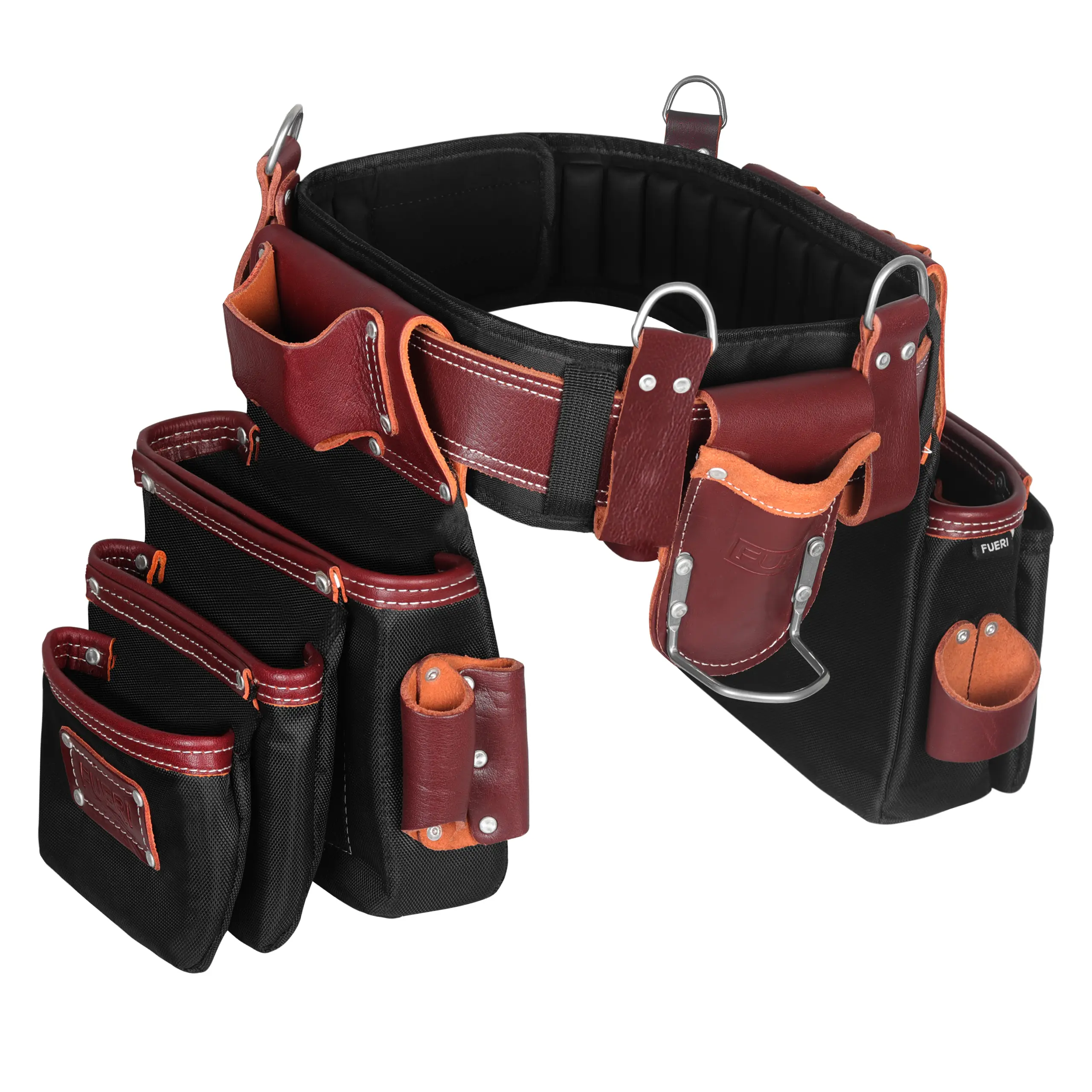 FUERI Men's Heavy-Duty Nylon & Leather Tool Belt - 26-Pocket Maroon & Black Pouch with Comfort Padded Belt, Spacious Organizer, Hammer Holder, Suspender Loops for Carpenters, Construction Workers, Tool Pouch, Tool Bag Organizer