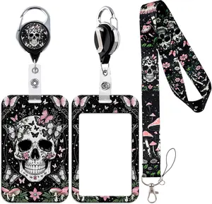 Cool Skull Lanyards for ID Badges,  Butterfly Mushroom ID Badge Holder with Lanyard Retractable Badge Holder Reel Clip, Men Women Key Lanyard  Gothic