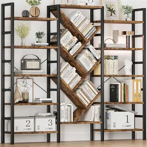 Triple 5 Tier Bookshelf, Large Wooden Bookcase with 17 Open Display Shelves, Modern Tree Book Shelf Metal Frame Tall Bookshelves Furniture for Living Room Bedroom Home Office