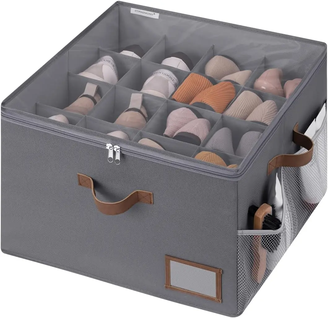 Shoe Organizer for Closet – Holds up to 16 pairs in adjustable cubbies with clear lid. No more rummaging through messy piles – just grab and go. Perfect for sneakerheads or anyone tired of hunting for the matching shoe. Grey.