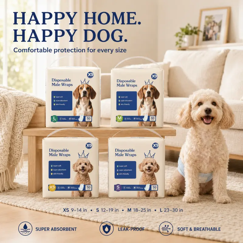X9 Disposable Male Dog Diapers, 50 Count Super Absorbent Leak-Proof Belly Bands, Soft Breathable Wraps for Urine Marking, Puppy Training & Incontinence, XS–L