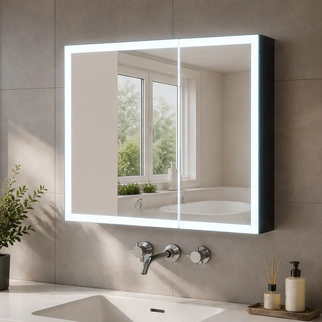 ARCH LED Bathroom Medicine Cabinet with Mirror, Anti-Fog Wall-Mounted Vanity Mirror Cabinet, Aluminum Storage Cabinet with Single-Color White Light, 31.50x23.62 Inch Two-Door Design, Black Finish, Easy Install, for Bathroom Organization
