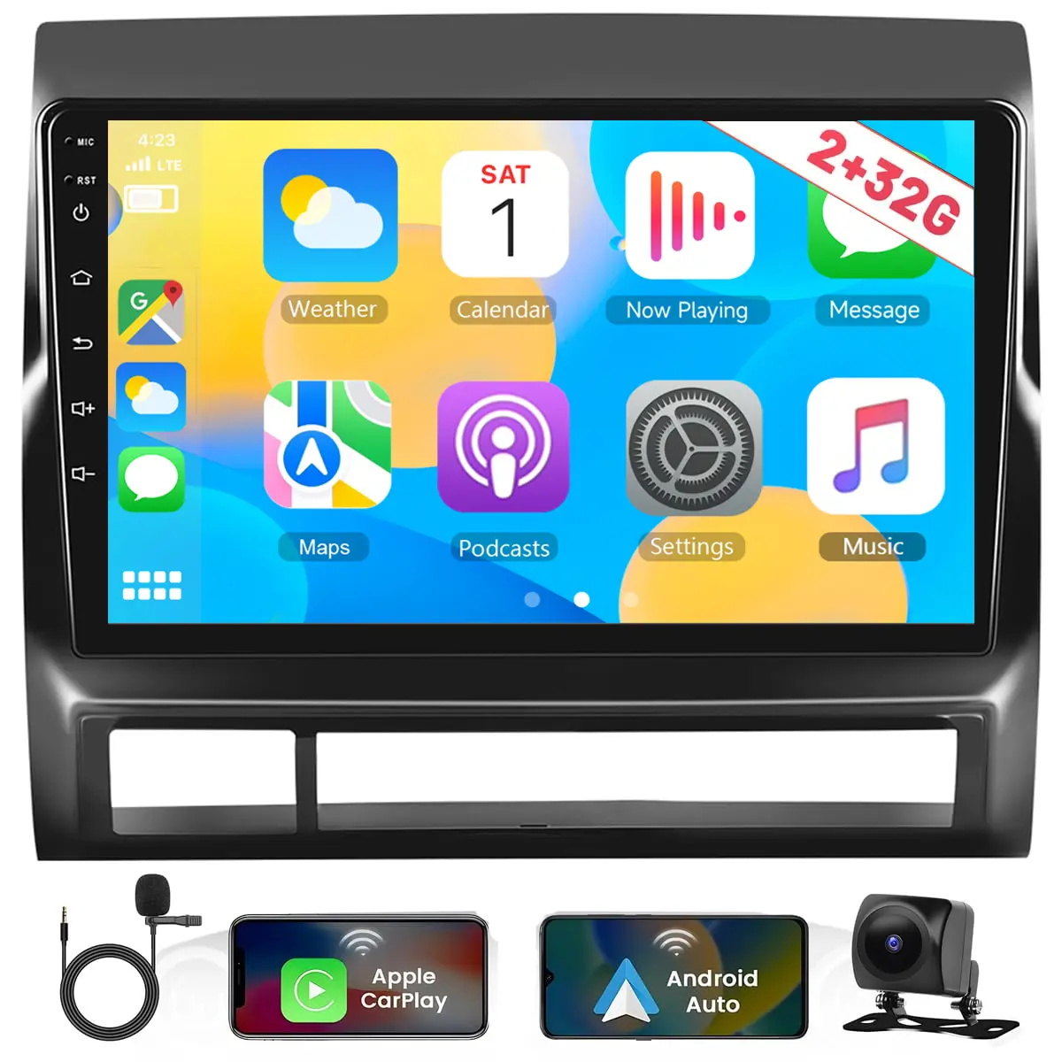 9-Inch Double Din Android Carplay Touchscreen Stereo for Toyota Tacoma 2005-2013, Wireless CarPlay, Android Auto, Bluetooth, Offline GPS Maps, WiFi, SWC, Dual USB (USB Type A), EQ, Backup Camera, Includes Frame, Cables, Father's Day Gift