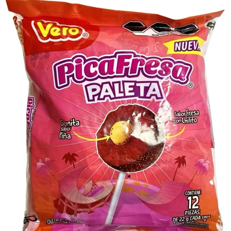 Vero Pica Fresa Paleta-Strawberry Flavored Lollipop Covered in Chili Powder