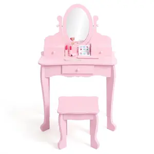 【GARVEE】Kids Vanity Set with Mirror and Drawer - Wooden Makeup Playset for Girls Ages 4-9, Perfect for Pretend Play and Dress-Up Fun in Pink