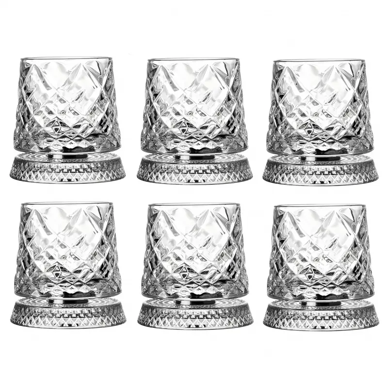 6 Pack Rotating Whiskey Cup With Led Lamp Holder Suitable For Bourbon Whiskey, Scotch Whiskey Cocktails Unique Gift For Men'S Dad And Husband Bartenders Cool Bar Accessory For Home Bars Whiskey Glass Set Whisky Glass Drinking Glasses