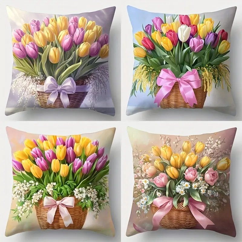 4pcs-Spring Themed Throw Pillow Covers,  Charming Tulips Pattern, Bright and Vibrant, Suitable Spring Living Room, Bedroom, Sofa and Bed Decoration, Bedroom Decorative Accessories, 2D Flat, Single Sided Printing, No Pillow Core