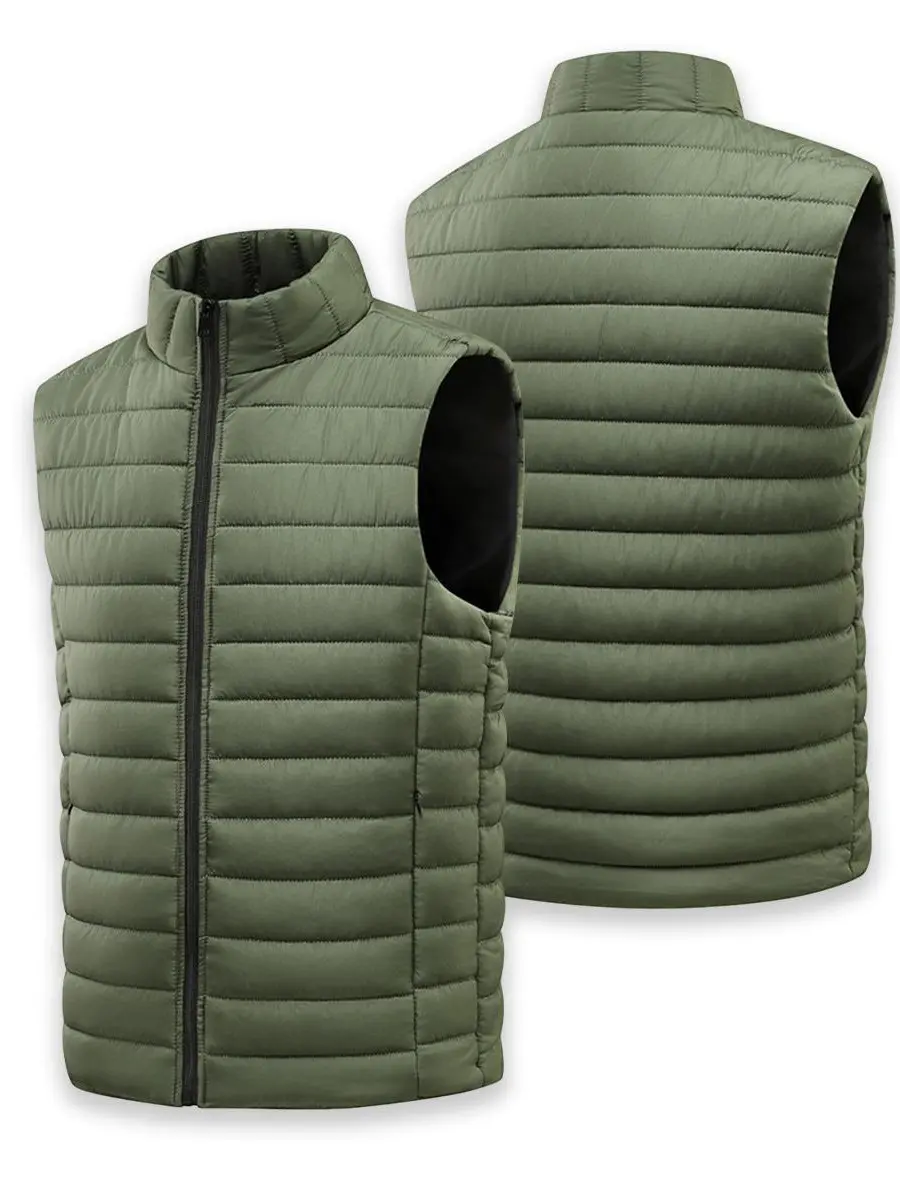 Men's Army Green Stand-Collar Zip Puffer Gilet - Casual Natural Smooth Tops, Wrinkle-Free, Packable, Lightweight, Vertical Channel Quilted Sleeveless Waistcoat for Golf, Joggers