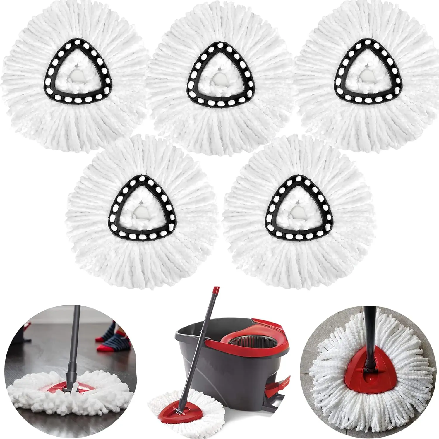 5 Pack Spin Mop Replacement Head For 360 Spin Mop System, Round Shape Standard Universal Size Head, Microfiber Spin Mop Refills Easy Cleaning