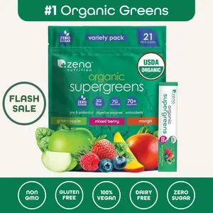 Zena Nutrition Organic Supergreens Variety Pack 21 Stick Packs Zero Sugar 7g Superfoods 3g Fiber USDA Certified Gluten Free Digestive Enzymes - Supplements Gut Health