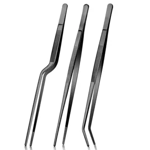 Pack of 3 Fine Long Tweezer Tongs Professional Black, Stainless Steel Food Tongs for Kitchen, Food, Cooking, Repairing, Sea food and BBQ