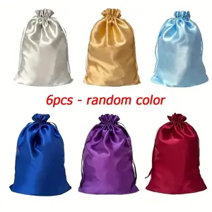 Solid Color Satin Wig Storage Bag, 6 Counts/set Large Capacity Wig Storage Bag, Portable Storage Bag for Hair Extension, Hair Accessories, Space Saving Bags, Drawstring Pouch