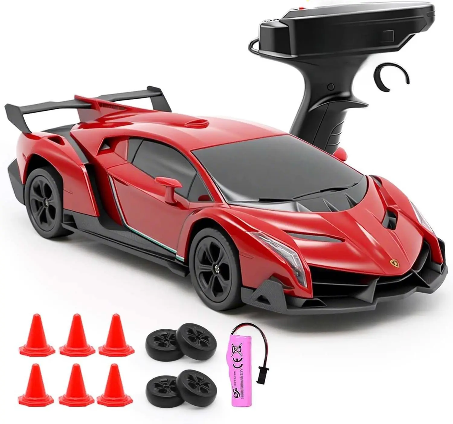 QUN XING Officially Licensed 1:24 Lambo Veneno RC Drift Stunt Car - 2.4GHz 4WD, 15KM/H Fast Speed, 800mAh Rechargeable Battery, LED Lights, Plastic Wheels, Red - for 8-12 Year Old Boys' Birthdays, Supports Children Development, Remote Control Toys, Rc Stu