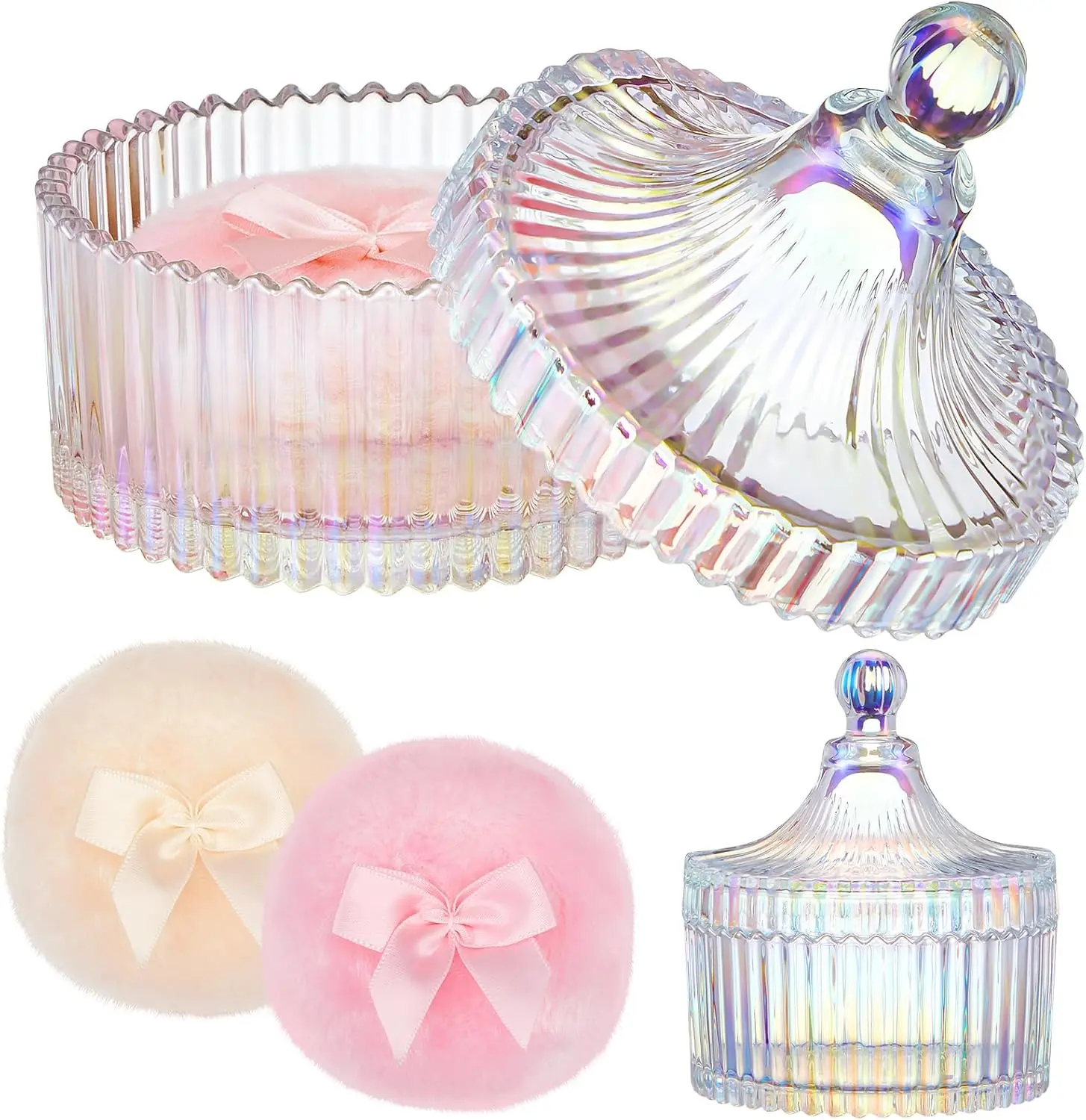 2 Pcs of body powder suction and 1 piece of glass container, soft powder suction, glass box for dust suction, body powder suction, powder suction for dry cosmetics, powder applicator with dust removal shell