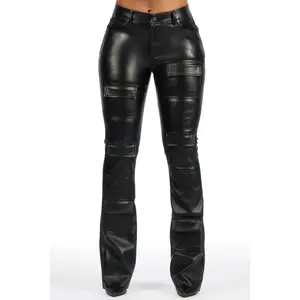 Keazhanae Black PU Cargo Stacked Flare Pant