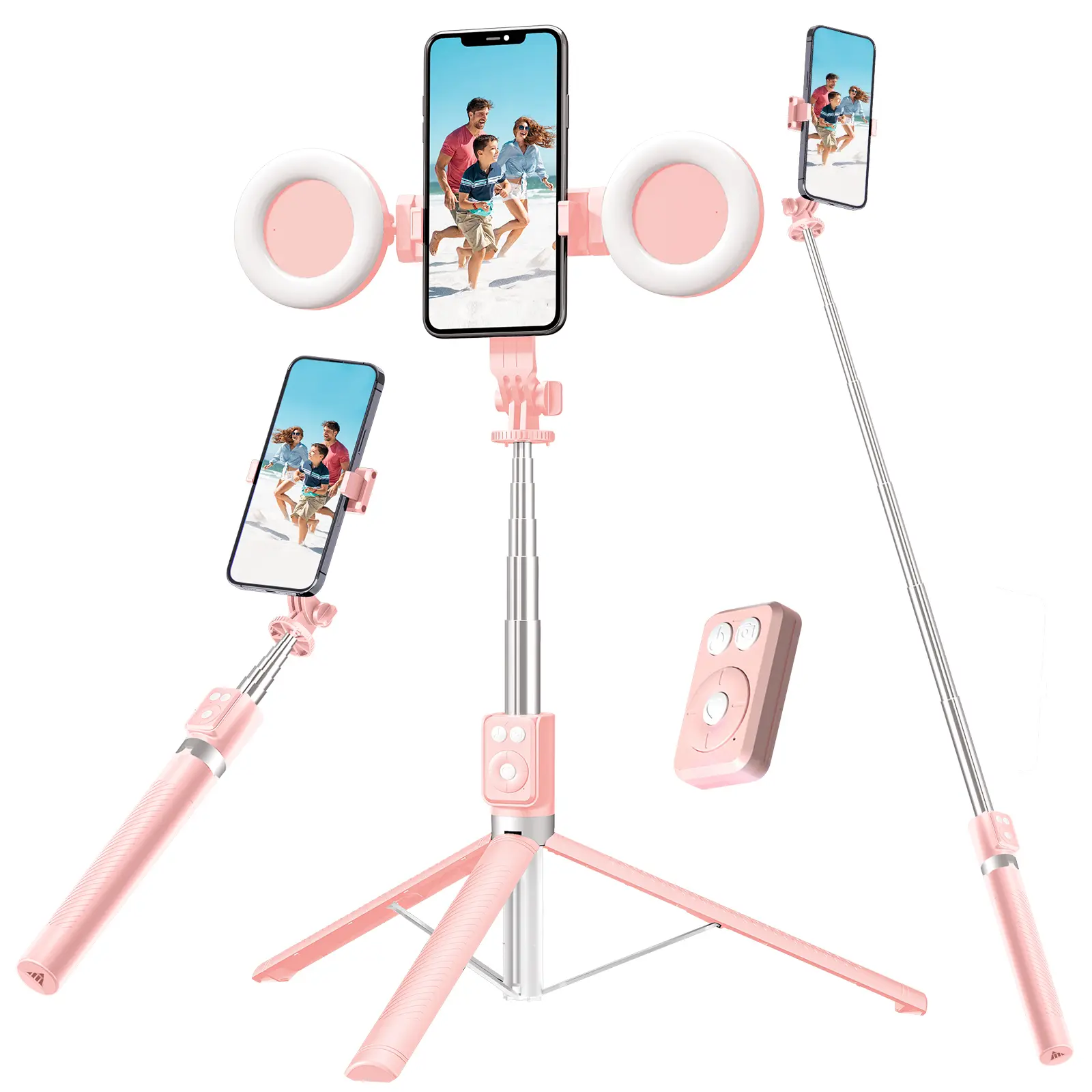 67in Compact Handheld Extendable Selfie Stick Tripod with 360° Rotatable Ring Light, Dual Fill Lights, Wireless Remote Control, Adjustable Stand for iPhone, Android Smartphone, Ideal for Vlog Creation & Gifting, Cellphone