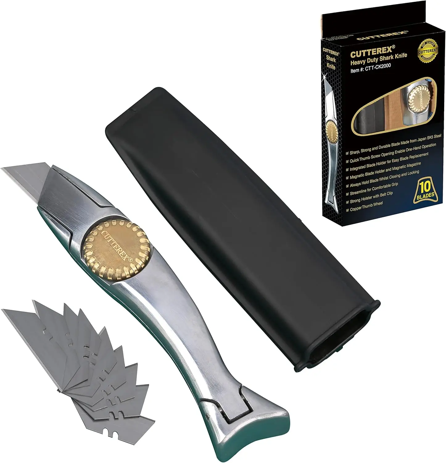 CUTTEREX Heavy-Duty Metal Blade Utility Knife - 1in Blade, Copper Components, Ergonomic Streamlined Grip, Easy Replacement, Holster, Belt Clip, Magnet for Hiking EDC Gear (Ideal for Multiple Surfaces)