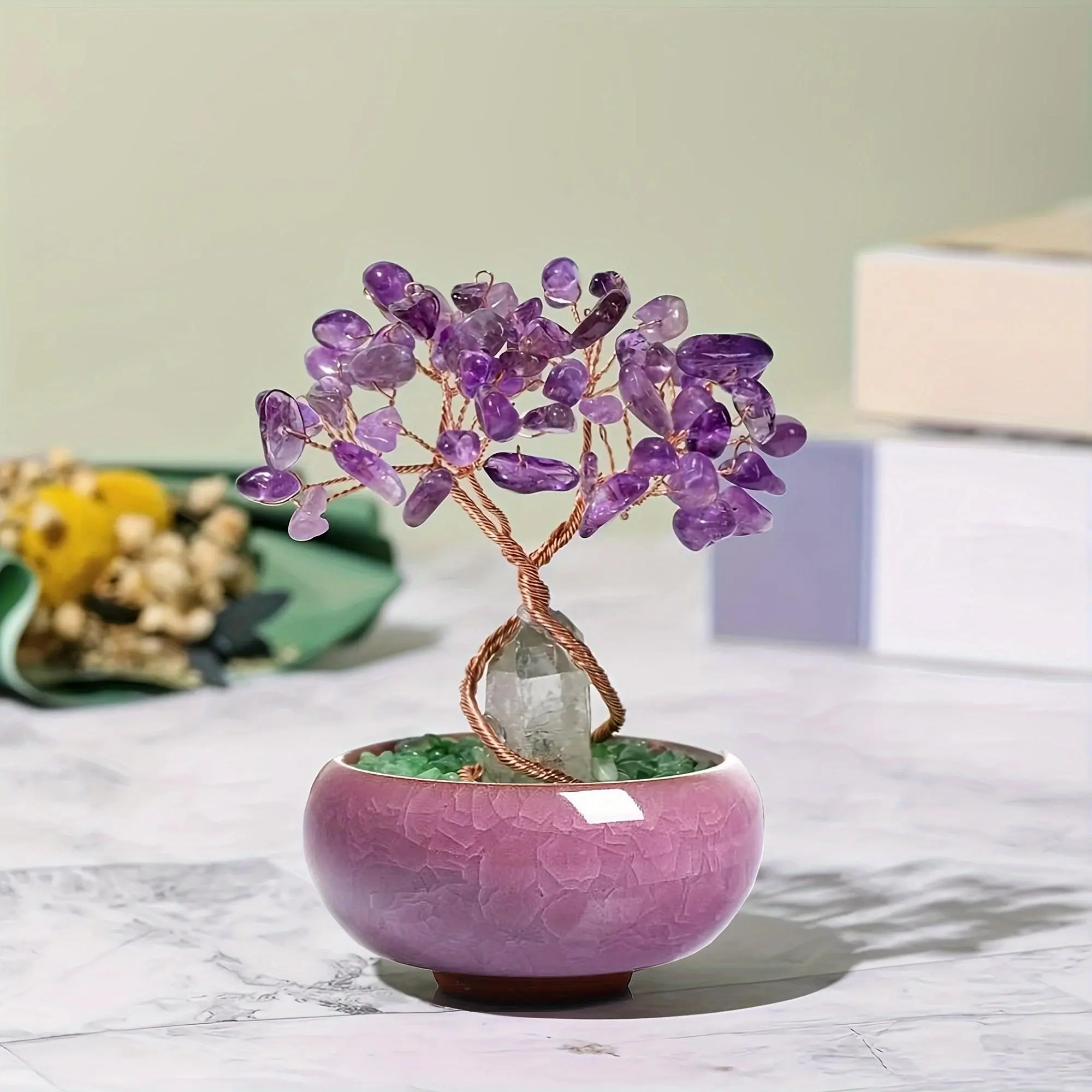 crystal tree with natural tumbled amethyst gemstones, amethyst crystal tree desktop ornament, spiritual healing crystal decor souvenir gift for halloween christmas valentine's day home table decor
