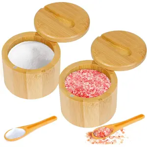 2Pcs Bamboo Salt Cellar Spice Box with Magnetic Swivel Lid & Spoon, 6 oz Bamboo Storage Container for Storing Pepper, Table Salt, Gourmet Salts, Spice, Sugar