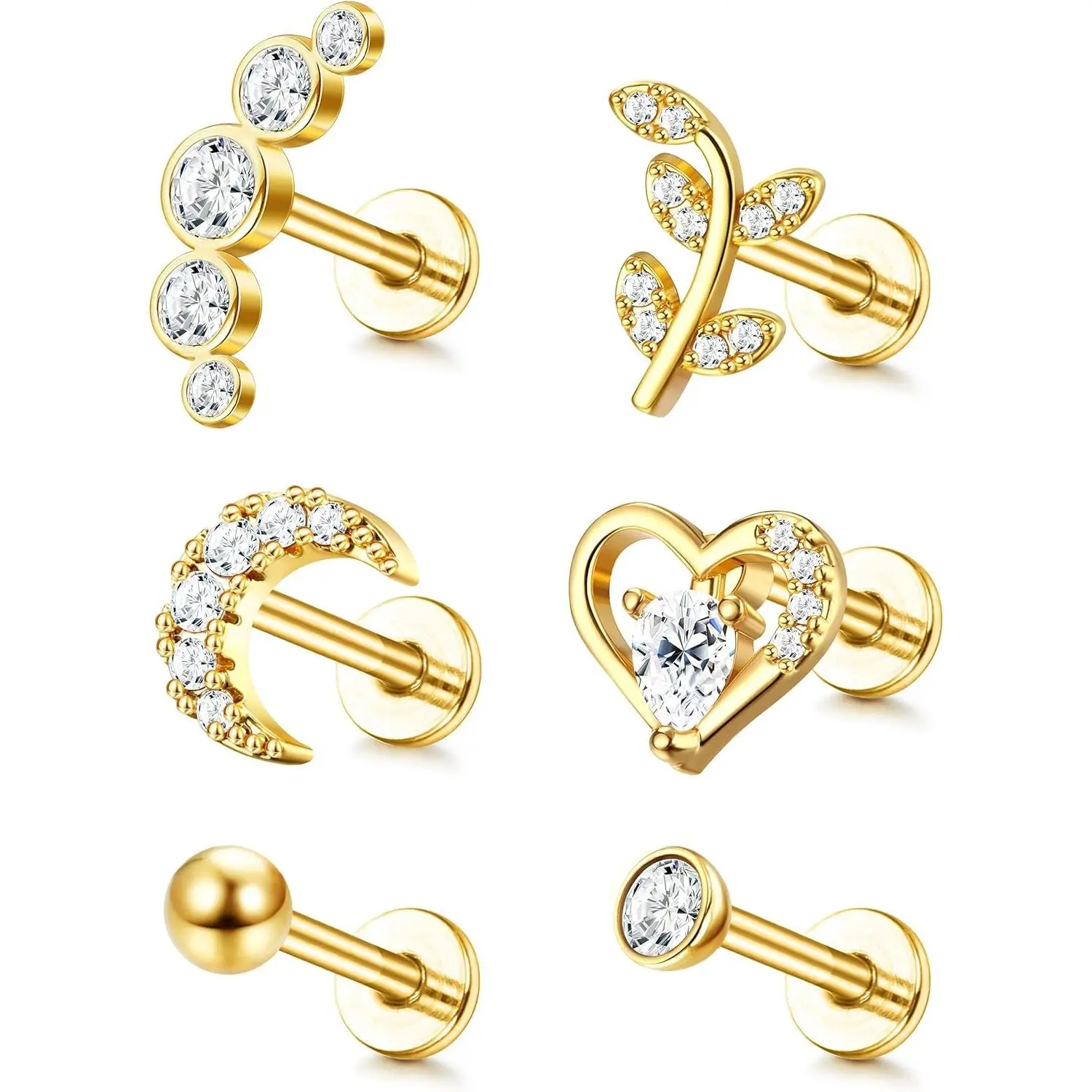 YADOCA 6-Piece Classic Body Jewelry Set, 16G Stainless Steel Cartilage Earrings with Cubic Zirconia for Women Men, Internally Threaded Studs for Helix, Tragus, Conch & Ear Stacking, Elegant, Unisex