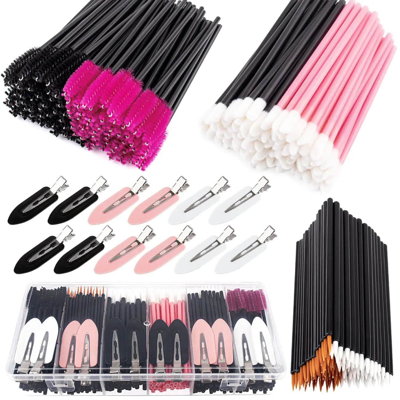 283-Piece Disposable Makeup Tools Kit for Makeup Organization, Colorful Mix of Soft Fiber Brushes for Smooth Application, Includes Hair Clips & Plastic Storage Box for Home & Cosmetic Counter Use, Mascara Wands, Smooth Apply