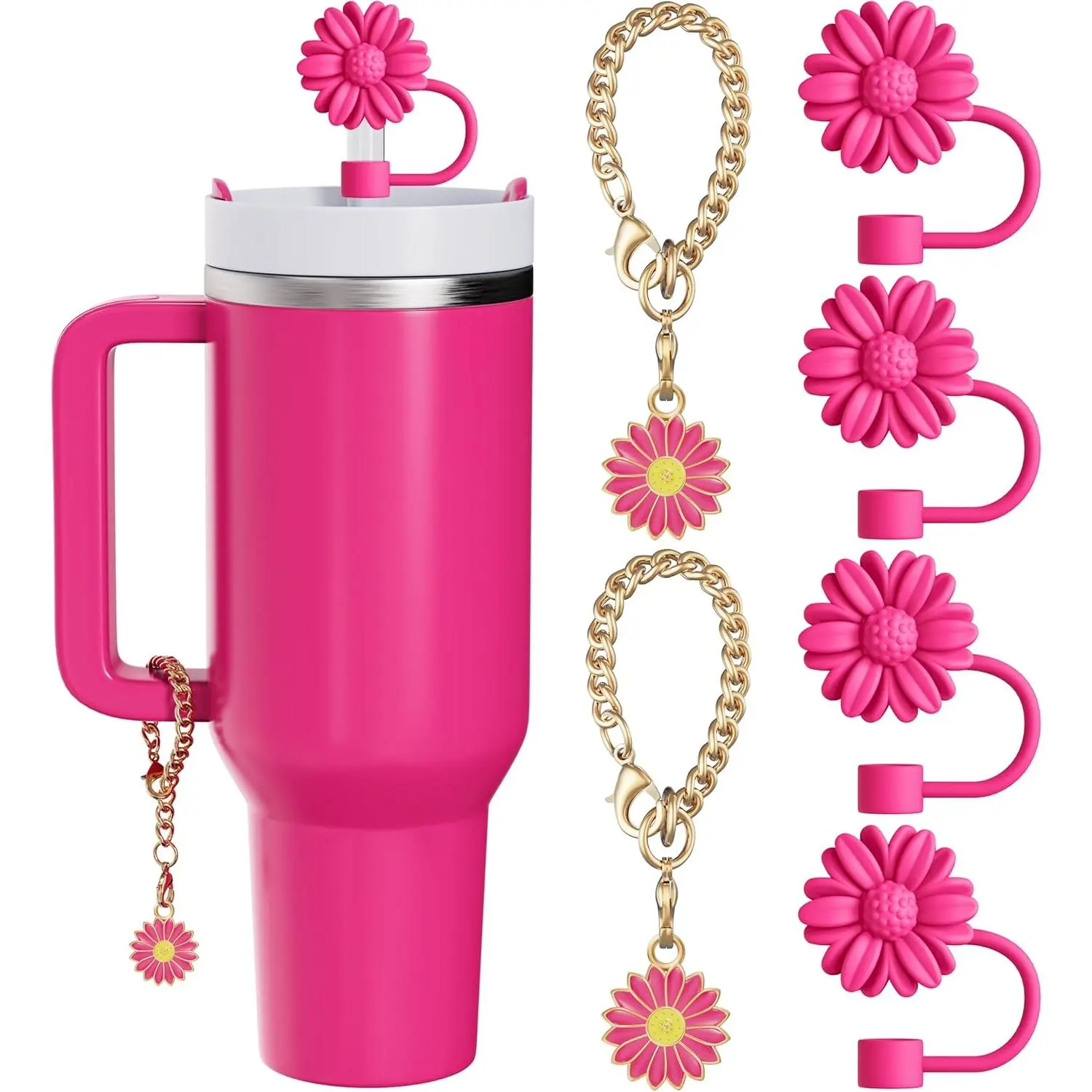 6 Set Compatible with  Cup Accessories, 4 Flower Straw Toppers Compatible with  Straw Cover 9-10 mm, 2 count Cute Rose Pink Flower Charms for Tumbler with Handle