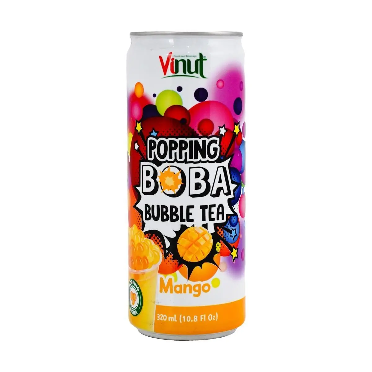 VINUT Mango Boba Popping Pearls Black Tea Drink 320ml - Refreshing Fruit Burst Beverage
