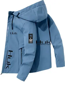 Men's Fashion Jacket with Huk Logo, Zipper Pockets, Casual Hooded Design, Polyester Material, Spring & Fall Wear, Men's Leisure Jacket, Casual Coat, Casual Fitted Jackets