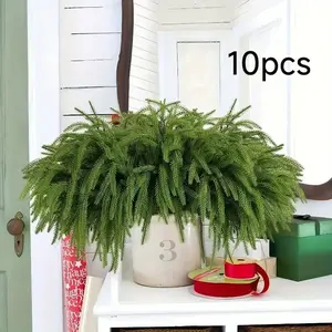 5 Pcs/10 Pcs 17.7 Inch Real Touch Norfolk Pine Branches, Artificial Christmas Green Plants Branch Faux Greenery Stem Pine Picks for Vase DIY Crafts Garland Wreath Home Decoration Room Decor Plants