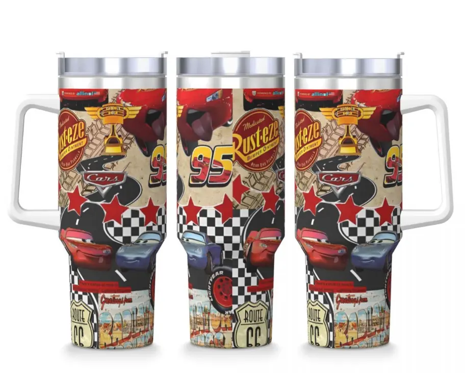 [Gift Box & Straw] Red Cartoon Race Car 40oz Stainless Steel Tumbler with Handle, Double Wall Vacuum Insulated Travel Mug, Checkered Flag Racing Cup, Fits Car Cup Holder, Cute Racing Fan Gift