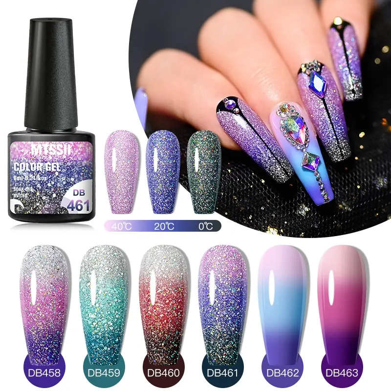 MTSSII 6pcs Glitter Thermal Gel Nail Polish Set, Brilliant Shine Polish 3 Layers Gradient Pink Glitter Temperature Color Changing Semi Permanent Liquid Polish Crazy Nail Art Varnish